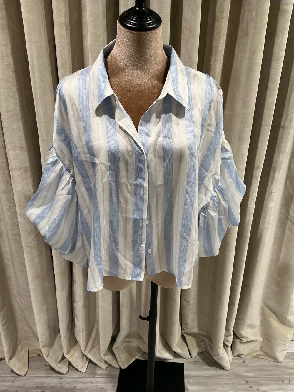 Light Blue & White Striped Button-Front Blouse